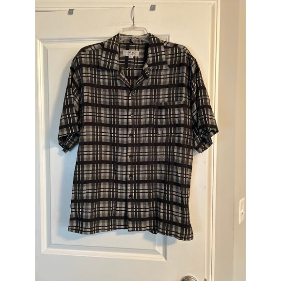 LaVane Men's Size Large Short Sleeve Button Up Shirt Black White Plaid - Picture 1 of 4